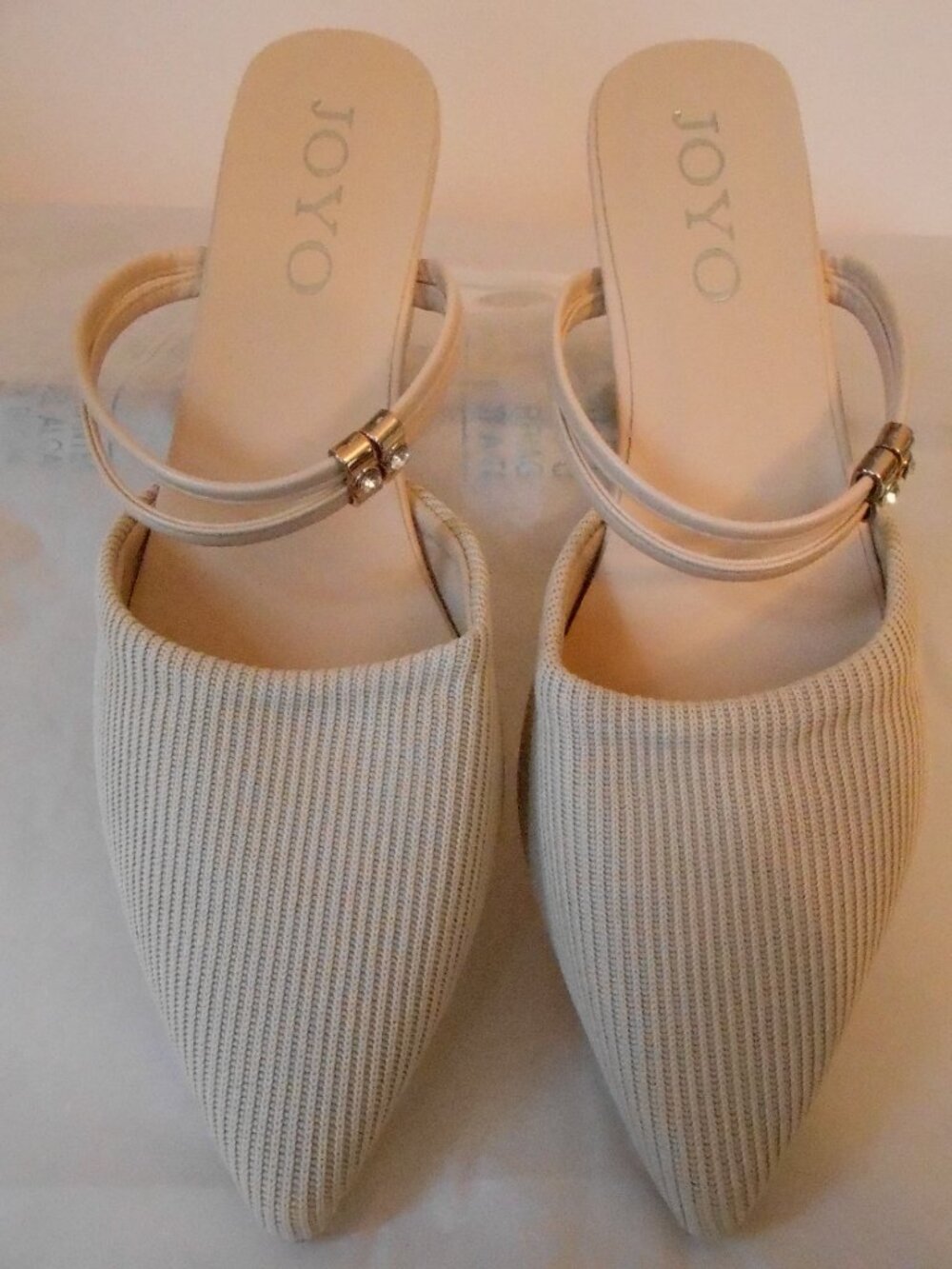 Joyo Beige Fabric Close Toed 2.25" Heel Mules w/Jeweled Strap Size-8 (250mm)